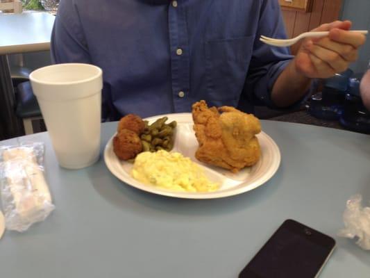 Fried chicken, potato salad, hush puppies, green beans