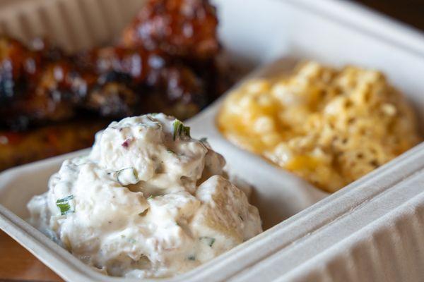 Loaded Potato Salad, Macaroni & Cheese, and Smoked Wings