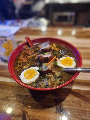 Special broth Ramen ( soft boiled egg, Pork Belly,Kimchi and corn)