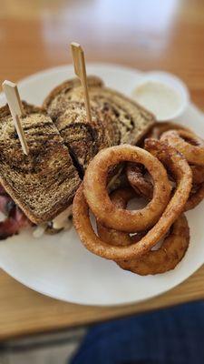 Rueben with Onion Rings