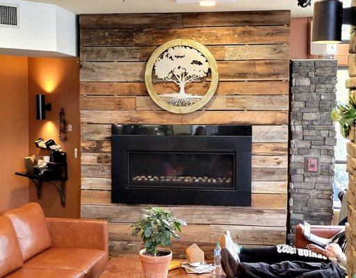 Fireplace in the lounge area.