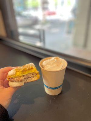 Snickerdoodle Latte, Sausage Breakfast Sandwich