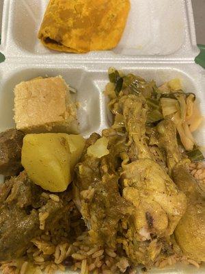 Curry Chicken, Rice, Cabbage, Corn bread & Jamaican Patty with a little side of goat.