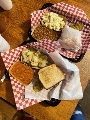 Jack Frost. Brunswick stew. Potato salad. Fried cabbage. Beans. Pork sandwich.