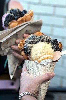 Vegan Bubble Waffle Cone ($8.50) with salted caramel, blackberries, and vegan ice cream