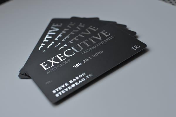 Silver Foil Stamped Business cards printed on 16pt Silk Laminated Card Stock