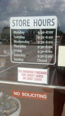 Store hours and card policy