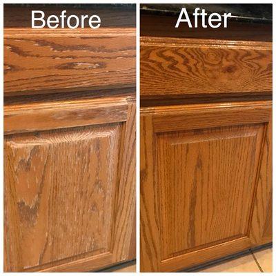 Water damage under kitchen sink repaired and refinished.