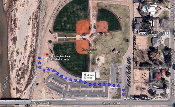 Map from the Bloomington Park parking lot entrance to the pb courts.