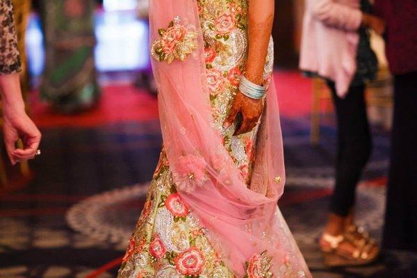 My Sangeet lehenga and dupatta from designer Bhairavi Jaikishan from Pia ka Ghar. The flower details are so feminine!