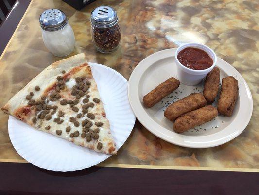 Hamburger slice and cheese sticks