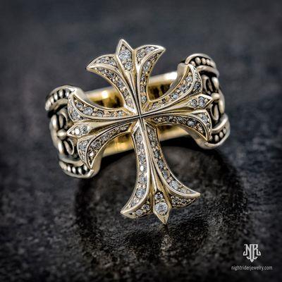 Jawbone Edition - Renaissance Cross Ring in 14K Yellow Gold and DIamonds by NightRider Jewelry