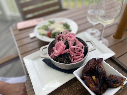 Crispy pork, side salad and plantains