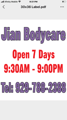 Jian Bodycare & Massage Business Hours