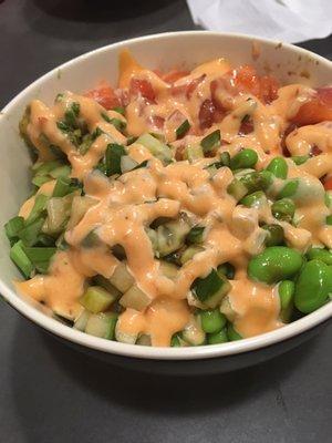 Salmon poke bowl, over did the spicy cream sauce. Old avocado and brown spots on edamame. And no seaweed and no chopsticks???!!!