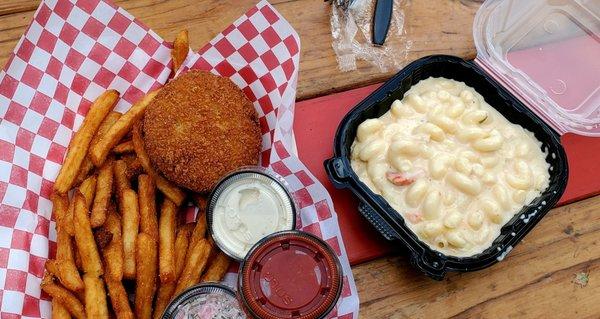 Crabcakes and fries and the lobster mac n cheese