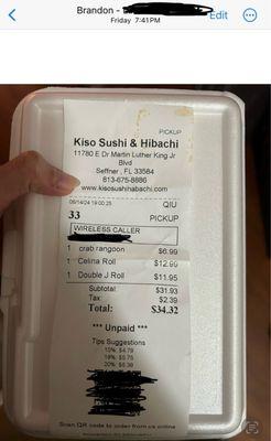 Receipt to show proof of purchase, date, time, and restaurant name and location.