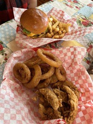 Chicken tenders and onion rings.