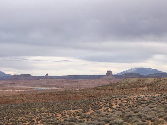 Navajo Mountain on the right with some snow, Tower Butte right beside it and Boundary Butte further left.