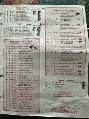 Menu with updated pricing.