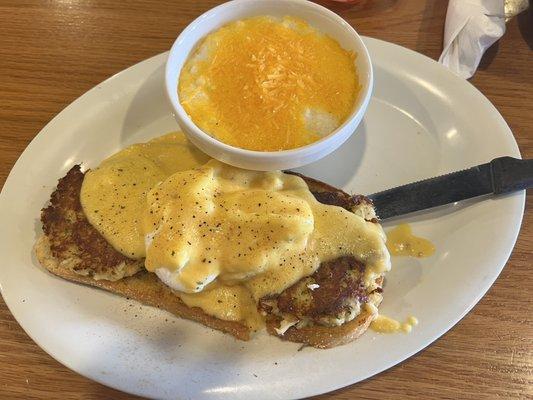 Coastal Crab Cakes Benedict and Grits w/ cheese