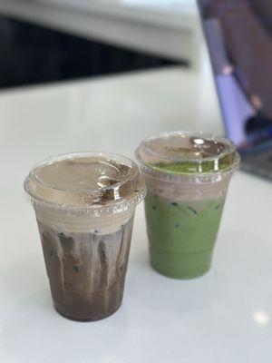 Hojicha einspanner and chocolate forest (matcha with chocolate foam)