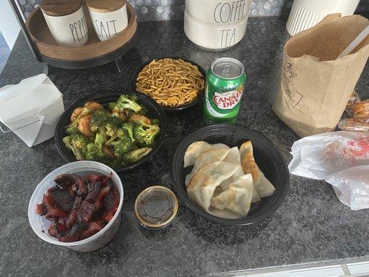 Shrimp and broccoli. Boneless spare ribs. Lo mein. Fried dumplings.