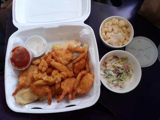 Seafood platter: fried haddock, fried clams, fried shrimp, fried scallops, macaroni & cheese, Cole slaw