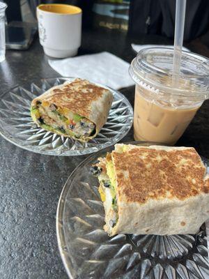 Veggie burrito and iced caramel coconut latte