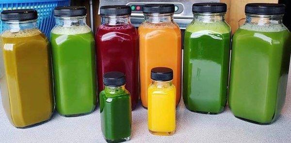 Cold-pressed 16 oz. organic juices.  Wheatgrass , B-12 Beet Bolt, Orange Zinger ad Pineapple D-2  shots.  Smoothies, Nut Milk.