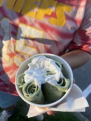 So Matcha Better Rolled Ice Cream Green tea base & condensed milk, topped with whipped cream & a sprinkle of matcha powder.