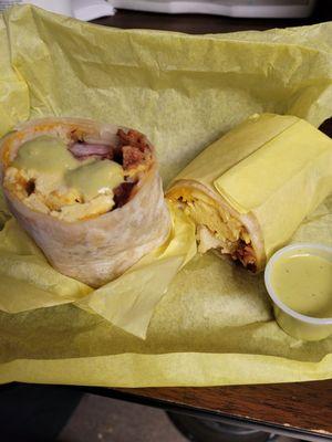 Bacon breakfast burrito with avocado salsa. Yumm!!