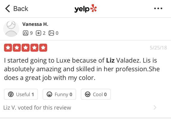 Review from Luxe Salon Yelp page