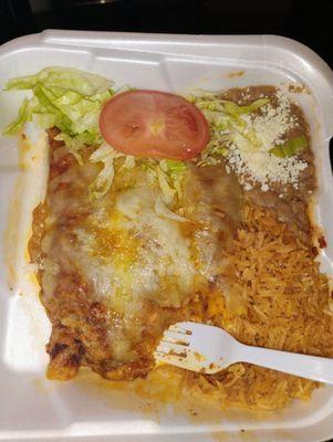 I waited about an hour for these so called enchiladas and the cheese was burnt on the enchilada the beans tasted sour, rice was hard.