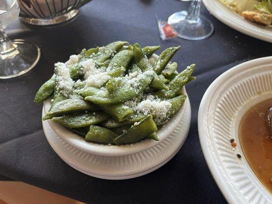 Sweet sugarsnap peas with Parmesan showered on.