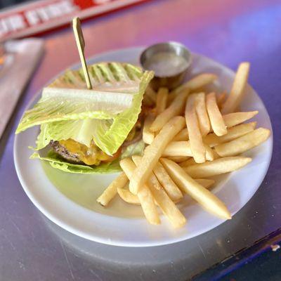 Bacon cheeseburger and Fries.