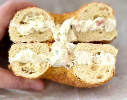 Cheddar everything bagel with veggie cream cheese