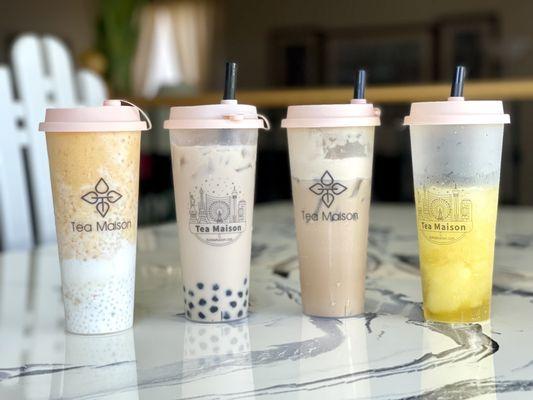 (Left to Right) Mango Sago Pomelo, Hokkaido Milk Tea, Sea Salt Coffee, Peach Slush