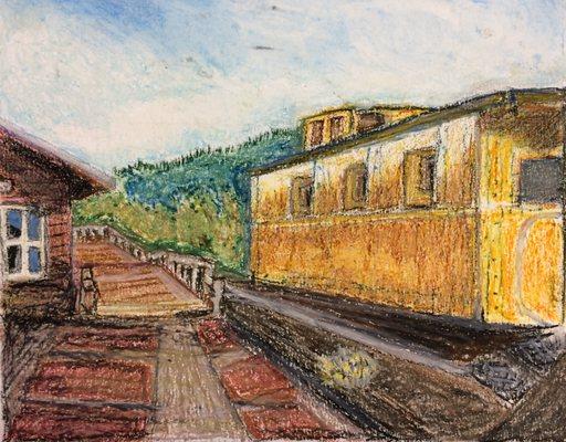 A teenage artist's depiction of an Issaquah train in oil pastel.