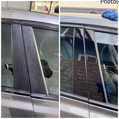 Before and after on plastic trim correction! $100 off till Black Friday on clearcoat correction packages!