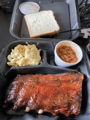 Baby Back Ribs w/ 2 sides: Gouda Mac and cheese and pulled pork pork and beans