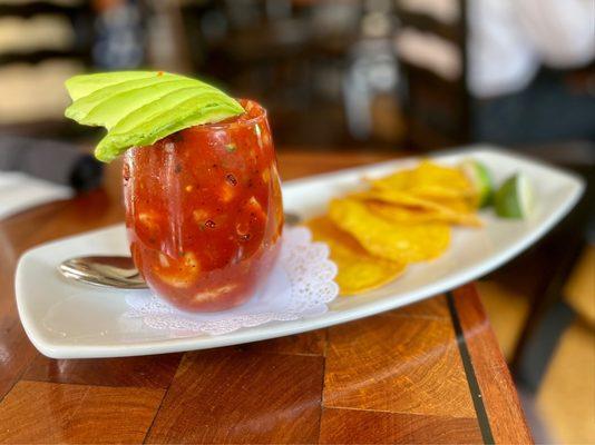 Campechana wirh Gulf shrimp, octopus, roasted pasilla pepper sauce, pico de gallo, and avocado