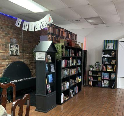 Book shelves and "spicy book" area