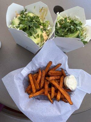 buddha bowl x2, sweet potato fries