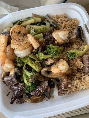 Steak & Shrimp Combo Plate with Fried Rice.