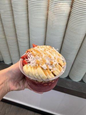 Brazilian Acai Bowl with banana, strawberry, blueberry, coconut and peanut butter toppings