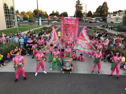 Portland's Jade District Night Market Night 2's Headline Show - White Lotus Lion Dance - instrument team ready for action