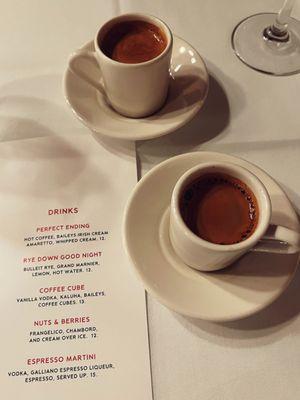 Espresso & after-dinner drinks menu