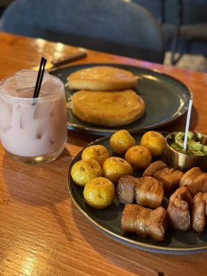 Pork belly appetizer, cheese arepas