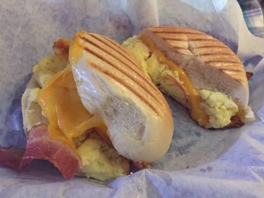 A breakfast sandwich my son ordered; he got it on a bagel instead of English muffin